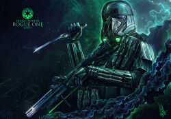Rule 34 | 1boy, absurdres, black gloves, commentary, deathtrooper, english commentary, galactic empire, gloves, glowing, gun, helmet, highres, holding, holding gun, holding knife, holding weapon, knife, male focus, pouch, rogue one: a star wars story, shanemolina, signature, smoke, solo, star wars, upper body, weapon