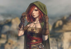 Rule 34 | 1girl, bandaged arm, bandages, belt, blurry, blurry background, breasts, brown belt, brown dress, brown gloves, brown hair, cape, cleavage, cloak, collarbone, commentary request, dark souls (series), dark souls ii, depth of field, dress, emerald herald, gloves, green cape, hair over one eye, hands up, hood, hood up, hooded cape, lips, looking at viewer, medium breasts, miura-n315, o-ring, outdoors, red eyes, red hair, short hair, solo, upper body