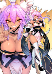 Rule 34 | 1girl, animal ear fluff, animal ears, breasts, dark-skinned female, dark skin, detached sleeves, fate/extra, fate (series), fox ears, fox girl, fox tail, highres, japanese clothes, large breasts, long hair, long sleeves, looking at viewer, multiple views, nail polish, parted lips, purple hair, purple nails, smile, tail, tamamo (fate), tamamo no mae (fate/extra), teeth, thighhighs, thighs, white background, white thighhighs, wisespeak, yellow eyes