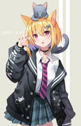 Rule 34 | 1girl, animal, animal ear fluff, animal ears, animal on head, black choker, black jacket, blonde hair, blue hair, blue nails, blue skirt, breasts, cat day, cat ears, choker, collarbone, collared shirt, commentary request, dated, diagonal-striped clothes, diagonal-striped necktie, diagonal-striped neckwear, fish hair ornament, grey background, hair between eyes, hair ornament, hand up, highres, jacket, long sleeves, nail polish, necktie, nekozuki yuki, off shoulder, on head, open clothes, open jacket, original, plaid, plaid skirt, pleated skirt, puffy long sleeves, puffy sleeves, purple eyes, school uniform, shirt, skirt, small breasts, solo, striped clothes, striped jacket, striped necktie, striped neckwear, tongue, tongue out, two-tone background, white background, white shirt