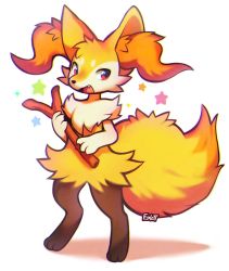 Rule 34 | :3, animal ear fluff, animal ears, animal hands, animal nose, artist name, blush, braixen, chromatic aberration, claws, creatures (company), fang, fox ears, fox tail, foxlett, full body, furry, game freak, gen 6 pokemon, hand up, happy, holding, looking to the side, nintendo, nose blush, open mouth, pokemon, pokemon (creature), red eyes, signature, simple background, smile, snout, solo, standing, star (symbol), stick, tail, white background