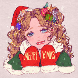 Rule 34 | 1girl, 4awaseyo, angel, blue eyes, blush, box, brown hair, christmas ornaments, cropped torso, ear piercing, eyeshadow, gift, gift box, hair ornament, long hair, looking at viewer, makeup, merry christmas, mittens, open mouth, original, piercing, red mittens, smile, snowflakes, solo, star (symbol), star hair ornament, white background