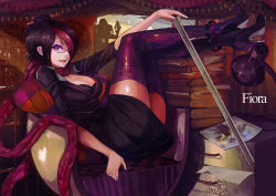 Rule 34 | 1girl, :d, alternate costume, anklet, armchair, bespectacled, black bra, black hair, book, bra, breasts, canking, chair, character name, cleavage, fiora (league of legends), formal, glasses, hair bun, hair over one eye, headmistress fiora, high heels, jewelry, lace, lace bra, lamp, league of legends, legs up, lying, medium breasts, multicolored hair, open mouth, pencil, pinstripe pattern, purple eyes, purple thighhighs, ruler, scarf, short hair, single hair bun, skirt, skirt suit, sleeves rolled up, smile, solo, striped, suit, thighhighs, underwear, zettai ryouiki