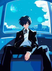 Rule 34 | 1boy, absurdres, belt, black pants, black suit, blue butterfly, blue eyes, blue sky, bug, butterfly, closed mouth, cloud, commentary, english commentary, formal, hair over one eye, highres, horizon, insect, looking at viewer, male focus, pants, persona, persona 3, shirt, short hair, sitting, sky, solo, suit, train interior, white shirt, yuuki makoto (persona 3), zb relic