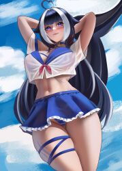 Rule 34 | 1girl, absurdres, ahoge, arms up, belt collar, bikini, bikini under clothes, black hair, blue skirt, breasts, cetacean tail, collar, facial tattoo, fangs, fins, fish tail, gluteal fold, heart, heart ahoge, highres, indie virtual youtuber, large breasts, lazik 1337, leg tattoo, long hair, looking at viewer, multicolored hair, navel, orca girl, purple eyes, school uniform, see-through, see-through shirt, serafuku, shylily, shylily (1st costume), skirt, solo, streaked hair, swimsuit, tail, tattoo, thigh strap, virtual youtuber, white hair