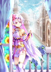 Rule 34 | 1girl, arabian clothes, armlet, balcony, bare shoulders, belt, blue flower, blue gemstone, blue rose, blue sky, bracelet, canal, choker, city, cloud, contrapposto, curtains, day, detached sleeves, dress, expressionless, flower, front ponytail, gem, hair flower, hair ornament, jewelry, light purple hair, looking at viewer, open door, original, over-kneehighs, parted lips, pink eyes, pink flower, pink rose, purple ribbon, ribbon, rose, short dress, short hair, sky, sliding doors, solo, stained glass, standing, takeda hotaru, tassel, thighhighs, white dress, white thighhighs