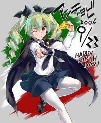 Rule 34 | 10s, 1girl, anchovy (girls und panzer), black footwear, cape, chikugen shiina, drill hair, food, girls und panzer, green hair, hair ribbon, holding, holding riding crop, looking at viewer, necktie, one eye closed, pantyhose, pizza, red eyes, ribbon, riding crop, shirt, shoes, skirt, solo, twin drills, twintails, uniform, white pantyhose, white shirt