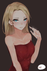 Rule 34 | 1girl, :p, :q, absurdres, bad id, bad pixiv id, bare arms, bare shoulders, black background, blonde hair, blue eyes, cum, cum on hands, dress, ear piercing, eyelashes, handjob, highres, hplay, long hair, looking at viewer, neck, original, penis, piercing, red dress, solo, strapless, strapless dress, tongue, tongue out, upper body