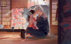 Rule 34 | 1boy, 1girl, absurdres, barefoot, blurry, blurry foreground, brown hair, facial mark, floral print, food, forehead mark, fruit, hexagon, highres, indoors, inuyasha, japanese clothes, kimono, long hair, looking at another, orange (fruit), pink kimono, pointy ears, rin (inuyasha), sesshoumaru, sitting, sliding doors, table, tatami, teapot, white hair, wind chime