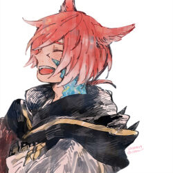Rule 34 | 1boy, :d, animal ears, cat ears, crystal exarch, dated, final fantasy, final fantasy xiv, from side, g&#039;raha tia, g'raha tia, hood, hood down, itowo (itowc), male focus, material growth, miqo&#039;te, open mouth, red eyes, red hair, signature, simple background, smile, solo, white background