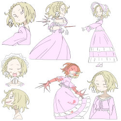 Rule 34 | 1girl, :d, absurdres, blonde hair, blood, blood on clothes, blood on face, blood on hands, bonnet, braid, character sheet, claws, dress, closed eyes, female focus, flat color, from side, gloves, grin, high heels, highres, layered dress, masikakuma, open mouth, original, profile, purple dress, simple background, smile, solo, standing, white background, white gloves