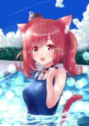 Rule 34 | 1girl, :d, animal ears, azur lane, blue one-piece swimsuit, blue sky, blurry, breasts, cat ears, cat girl, cat tail, choker, cloud, cloudy sky, collarbone, commentary request, depth of field, i-19 (azur lane), in water, large breasts, long hair, looking at viewer, m ko (maxft2), old school swimsuit, one-piece swimsuit, open mouth, pool, red eyes, red hair, school swimsuit, sidelocks, sky, smile, solo, swimsuit, tail, twintails