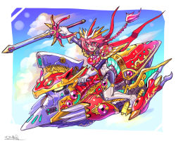 Rule 34 | 1girl, adapted costume, bodysuit, braid, braided ponytail, commentary, flying, formal, gloves, glowing, glowing eyes, highres, holding, holding sword, holding weapon, long hair, magic knight rayearth, mecha, motor vehicle, motorcycle, oomasa teikoku, open mouth, rayearth (character), red eyes, red hair, robot, shidou hikaru, skin tight, solo, suit, sword, v-shaped eyebrows, weapon, yellow eyes