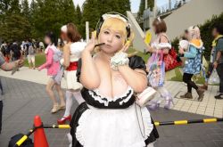Rule 34 | 1girl, asian, blonde hair, breasts, brown eyes, cleavage, cosplay, fat, headphones, hoshima mika, huge breasts, jewelry, maid, maid headdress, necklace, nitroplus, photo (medium), plump, solo, star (symbol), super pochaco, super pochaco (cosplay), tattoo, thighhighs, twintails, wrist cuffs