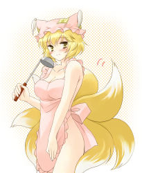 Rule 34 | 1girl, apron, bad id, bad pixiv id, blonde hair, coco (119267104), female focus, fox tail, hat, ladle, multiple tails, naked apron, no panties, short hair, solo, tail, touhou, yakumo ran, yellow eyes