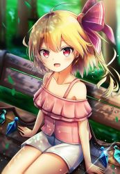 Rule 34 | 1girl, ahoge, bare shoulders, bench, blonde hair, blurry, blurry background, blush, casual, collarbone, commentary request, contemporary, crystal, flandre scarlet, hair ribbon, highres, leaf, looking at viewer, no headwear, no headwear, off-shoulder shirt, off shoulder, open mouth, pink shirt, red eyes, red ribbon, renka (cloudsaikou), ribbon, shirt, short hair, short shorts, shorts, side ponytail, sitting, smile, solo, thighs, touhou, tree, white shorts, wings