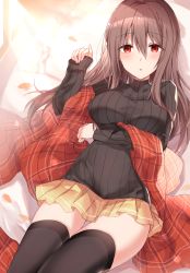 Rule 34 | 1girl, arm under breasts, bed sheet, black sweater, black thighhighs, breasts, brown hair, brown skirt, commentary request, hair between eyes, hand up, highres, indoors, kinona, large breasts, long hair, long sleeves, looking at viewer, lying, on back, original, parted lips, petals, pillow, pinching sleeves, plaid, pleated skirt, red eyes, ribbed sweater, shawl, skirt, sleeves past wrists, solo, sunlight, sweater, thighhighs, turtleneck, turtleneck sweater, window