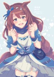 Rule 34 | 1girl, 24mbb, animal ears, bare shoulders, blue background, blue dress, blue scarf, blue thighhighs, braid, braided ponytail, breasts, brown hair, clenched hands, commentary request, cowboy shot, dress, hair between eyes, horse ears, horse girl, horse tail, large breasts, long hair, looking at viewer, multicolored hair, off-shoulder dress, off shoulder, open mouth, scarf, simple background, smile, solo, streaked hair, super creek (umamusume), tail, thighhighs, umamusume, white hair
