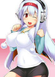 Rule 34 | 1girl, ;d, bike shorts, blush, breasts, casual, cosplay, gradient background, hairband, headphones, impossible clothes, impossible shirt, jewelry, kadokawa games, kantai collection, large breasts, long hair, mocchisake, necklace, nitroplus, one eye closed, open mouth, personification, red eyes, shirt, shoukaku (kancolle), silver hair, smile, solo, super sonico, super sonico (cosplay), white background, wink