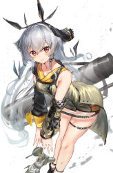 Rule 34 | 1girl, absurdres, arknights, bare legs, bare shoulders, black footwear, black gloves, boots, cannon, commentary, detached sleeves, gloves, grey jacket, highres, jacket, long hair, long sleeves, looking at viewer, low-tied long hair, red eyes, sidelocks, silver hair, solo, standing, taku57, thigh strap, thighs, very long hair, weapon, weapon on back, weedy (arknights), white background