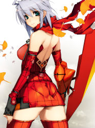 Rule 34 | 1girl, ahoge, back, bare shoulders, blade, blush, character request, closed mouth, copyright request, covered erect nipples, fingernails, green eyes, grey hair, highres, leaf, light blush, looking back, makeup, mechanical arms, namaniku atk, red scarf, red thighhighs, scarf, single mechanical arm, smile, solo, thighhighs, torn clothes, torn scarf, weapon