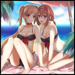 Rule 34 | 10s, 2girls, beach, bikini, border, breasts, brown eyes, brown hair, cleavage, day, hairband, hasu (velicia), highres, kantai collection, long hair, medium breasts, multiple girls, murasame (kancolle), red hairband, shiratsuyu (kancolle), smile, swimsuit, twintails