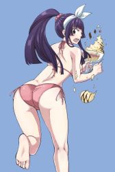 Rule 34 | 1girl, ass, barefoot, bikini, blue background, blunt bangs, blush, breasts, brown eyes, butt crack, dropping, fairy tail, feet, food, from behind, hair ribbon, holding, ice cream, kagura mikazuchi, kneepits, large breasts, long hair, mashima hiro, official art, open mouth, pink bikini, ponytail, purple hair, ribbon, scrunchie, side-tie bikini bottom, simple background, soles, solo, spoon, standing, standing on one leg, string bikini, sundae, swimsuit, toes, white ribbon