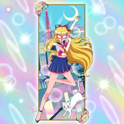 Rule 34 | 1girl, aino minako, animal ears, artemis (sailor moon), bishoujo senshi sailor moon, blonde hair, bow, building, cat, cat ears, cat tail, city, cure nico, flower, gloves, highres, magical girl, mask, red bow, sailor v, skirt, tail