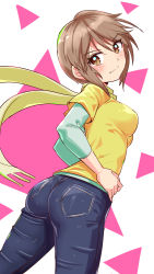 Rule 34 | 1girl, ass, blouse, breasts, brown eyes, brown hair, cougar (cougar1404), denim, from behind, green shirt, hands on own hips, head tilt, jeans, large breasts, layered sleeves, long sleeves, looking at viewer, looking back, original, pants, scarf, shiny clothes, shirt, short hair, short over long sleeves, short sleeves, sideboob, smile, solo, tomboy, yellow shirt