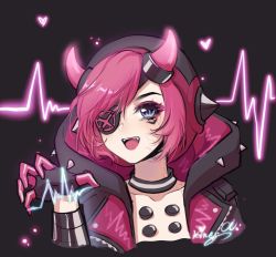 Rule 34 | 1girl, animification, apex legends, black choker, black gloves, black jacket, blue eyes, cardiogram, chinese commentary, choker, collarbone, cyber punked wattson, electricity, eyepatch, eyeshadow, fangs, gloves, heart, highres, hood, hood down, hooded jacket, horns, jacket, king.cc, makeup, official alternate costume, one eye covered, open mouth, pink eyeshadow, portrait, smile, solo, spiked hood, wattson (apex legends)