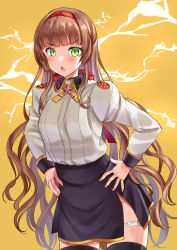 Rule 34 | 1girl, black skirt, blunt bangs, blush, brown hair, green eyes, hairband, hands on own hips, helena (kancolle), helena kai (kancolle), kantai collection, long hair, long sleeves, looking at viewer, mayura (lucadia), parted lips, red hairband, simple background, skirt, solo, star (symbol), thigh strap, thighhighs, two-tone background, very long hair