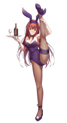 Rule 34 | 1girl, absurdres, animal ears, bare shoulders, bottle, bow, bowtie, breasts, cleavage, commentary request, cup, detached collar, drinking glass, fake animal ears, fate/grand order, fate (series), fishnet pantyhose, fishnets, full body, glass, highres, leg up, leotard, long hair, looking at viewer, medium breasts, official alternate costume, pantyhose, playboy bunny, purple bow, purple bowtie, rabbit ears, red hair, scathach (fate), scathach (piercing bunny) (fate), shoron, simple background, solo, split, standing, standing on one leg, standing split, white background, wine glass