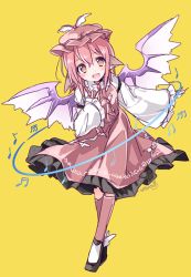Rule 34 | 1girl, animal ears, bad id, bad pixiv id, beamed eighth notes, beamed sixteenth notes, bird ears, bird wings, black footwear, blush, brown dress, brown headwear, brown socks, dress, eighth note, fingernails, frilled dress, frilled sleeves, frills, full body, hair between eyes, kneehighs, long fingernails, long sleeves, musical note, mystia lorelei, open mouth, pink hair, quarter note, shoes, short hair, simple background, smile, socks, solo, third-party source, touhou, white wings, wide sleeves, winged hat, wings, yellow background, yellow eyes, yukimiya (parupunta)