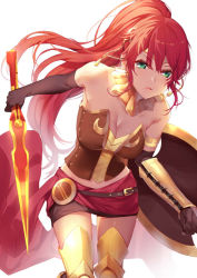 Rule 34 | 1girl, armlet, armor, bare shoulders, belt, black gloves, black skirt, breasts, buckle, cleavage, commentary request, corset, elbow gloves, forehead protector, gloves, greaves, green eyes, holding, holding sword, holding weapon, leg armor, long hair, medium breasts, miniskirt, ponytail, pyrrha nikos, red hair, rwby, shield, skirt, solo, standing, sword, weapon, xiphos (sword), yappen, yatsu (sasuraino)