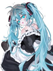 Rule 34 | 1girl, :3, :d, antenna hair, back bow, bare shoulders, black dress, blue eyes, blush, bow, commentary request, detached sleeves, dress, flying sweatdrops, frilled sleeves, frills, hair ornament, hair ribbon, hatsune miku, highres, long hair, looking at viewer, maid, maid headdress, number tattoo, open mouth, pink ribbon, ribbon, ribbon-trimmed sleeves, ribbon trim, simple background, smile, solo, striped ribbon, sweat, tattoo, twintails, very long hair, vocaloid, wabun, white background, white bow, x hair ornament