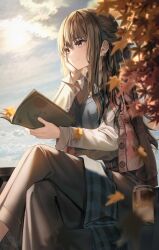 Rule 34 | 1girl, autumn, autumn leaves, blue sweater, blurry, blurry foreground, book, brown eyes, brown hair, brown pants, cardigan on shoulders, collared shirt, crossed legs, dress shirt, earrings, hair between eyes, hand on own cheek, hand on own face, highres, holding, holding book, jewelry, leaf, long hair, long sleeves, maple leaf, original, outdoors, pants, ruda (ruda e), shirt, signature, sitting, smile, solo, sweater, white shirt, wing collar
