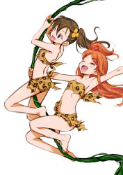 Rule 34 | 10s, 2girls, :d, absurdres, animal print, arm up, armpits, ass, bare legs, bare shoulders, barefoot, blush, breasts, brown eyes, brown hair, cleavage, closed eyes, flower, futami mami, hair flower, hair ornament, highres, idolmaster, idolmaster (classic), idolmaster million live!, leopard print, long hair, mercy rabbit, multiple girls, navel, ogami tamaki, one eye closed, one side up, open mouth, orange hair, plant, side ponytail, simple background, sketch, skirt, smile, strapless, swinging, tube top, vines, white background