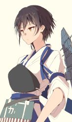 Rule 34 | 1girl, absurdres, alternate hair length, alternate hairstyle, apron, blue hakama, brown eyes, brown hair, commentary request, expressionless, flight deck, hakama, hakama short skirt, hakama skirt, highres, japanese clothes, kaga (kancolle), kantai collection, muneate, short hair, simple background, skirt, solo, t.k.o, tasuki, white background