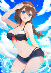 Rule 34 | 1girl, :d, ahoge, arm up, bare arms, bare shoulders, bikini, bikini under clothes, black bikini, blue eyes, blue shorts, blue sky, blush, bow, braid, breasts, brown hair, cleavage, clip studio paint (medium), cloud, cloudy sky, commentary request, day, front-tie bikini top, front-tie top, hair between eyes, hair bow, hair flaps, highres, kantai collection, long hair, medium breasts, navel, open bikini, open clothes, open mouth, outdoors, red bow, sakikumo (sakumo), shigure (kancolle), shigure kai ni (kancolle), short shorts, shorts, single braid, sky, smile, solo, splashing, swimsuit, wading, water