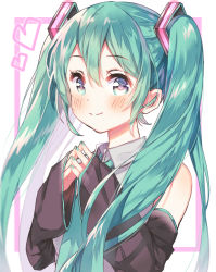 Rule 34 | 1girl, akane yuki (yukito0306), blush, detached sleeves, green eyes, green hair, hair between eyes, hatsune miku, highres, long hair, looking at viewer, nail polish, necktie, solo, steepled fingers, twintails, upper body, vocaloid, white background