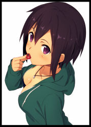 Rule 34 | 1girl, bad id, bad pixiv id, blush, breasts, cherry tomato, cleavage, hood, hoodie, jewelry, kinta (distortion), looking at viewer, naked hoodie, necklace, no bra, original, purple eyes, purple hair, short hair, simple background, small breasts, solo, tan, tanline, tomato, white background