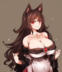 Rule 34 | 1girl, animal ears, bare shoulders, breasts, brown background, brown hair, cleavage, closed mouth, collarbone, eyelashes, fingernails, flipped hair, highres, huge breasts, imaizumi kagerou, long fingernails, long hair, long sleeves, looking at viewer, nail polish, off-shoulder shirt, off shoulder, raptor7, red eyes, sharp fingernails, shirt, smile, solo, swept bangs, touhou, upper body, very long hair, wolf ears