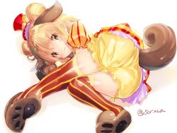 Rule 34 | 1girl, animal ears, animal hands, blonde hair, bloomers, closed mouth, dog ears, dog tail, double bun, flower knight girl, full body, gloves, hair bun, hat, kemonomimi mode, looking at viewer, lying, on side, paw gloves, portulaca (flower knight girl), red hat, red thighhighs, shiny skin, short hair, simple background, smile, solo, sorimura youji, striped clothes, striped thighhighs, tail, thighhighs, top hat, twitter username, underwear, vertical-striped clothes, vertical-striped thighhighs, white background, yellow bloomers, yellow eyes