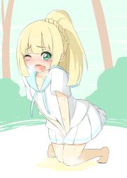Rule 34 | 1girl, between legs, blonde hair, blue sailor collar, blush, braid, bush, collarbone, creatures (company), crying, feet, female focus, french braid, full body, game freak, green eyes, hand between legs, have to pee, highres, kneeling, knees together feet apart, lillie (pokemon), looking at viewer, nintendo, one eye closed, open mouth, outdoors, peeing, peeing self, pleated skirt, pokemon, pokemon sm, ponytail, puddle, sailor collar, shirt, short sleeves, simple background, skirt, solo, steam, suasuri, sweat, tears, tree, v arms, wavy mouth, wet, wet clothes, wet skirt, white shirt, white skirt
