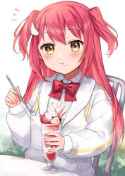 Rule 34 | 1girl, animal-themed food, blush, bow, bowtie, chewing, collared shirt, commission, eating, food, food on face, highres, holding, holding spoon, hood, hoodie, kawagami raito, long sleeves, looking at viewer, original, parfait, pink hair, pocky, shirt, sitting, skeb commission, solo, spoon, two side up, upper body, whipped cream, wing hair ornament, yellow eyes