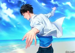 Rule 34 | 1boy, artist name, beach, bird, black hair, blue shirt, close-up, clothes lift, cloud, cloudy sky, day, expressionless, closed eyes, facing away, fingernails, floating hair, gearous, katsuki yuuri, long sleeves, male focus, ocean, outdoors, outstretched arms, pants, profile, seagull, shirt, short hair, sky, sunlight, upper body, white shirt, wind, wind lift, yuri!!! on ice
