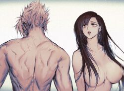 Rule 34 | 1boy, 1girl, back, breasts, cloud strife, completely nude, dangle earrings, earrings, final fantasy, final fantasy vii, final fantasy vii remake, hair over breasts, jewelry, large breasts, linono, looking at another, median furrow, monochrome, muscular, muscular male, nude, simple background, spiked hair, tifa lockhart, upper body