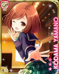 Rule 34 | 1girl, blue jacket, bow, brown eyes, brown hair, card, character name, closed eye, from behind, girlfriend (kari), green bow, green skirt, indoors, jacket, looking at viewer, night, official art, open mouth, paper, plaid, plaid skirt, pout, qp:flapper, school uniform, skirt, socks, solo, yamano kodama