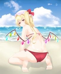 Rule 34 | 1girl, ass, back, bad id, bad pixiv id, barefoot, beach, bikini, blonde hair, blue sky, blush, butt crack, cloud, crystal, day, flandre scarlet, from behind, full body, hat, hat ribbon, highres, looking at viewer, looking back, mob cap, ocean, outdoors, red bikini, red eyes, ribbon, sand, side-tie bikini bottom, side ponytail, sitting, sky, smile, solo, sparkle, surota, swimsuit, touhou, wings