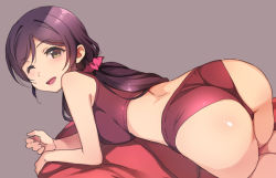 Rule 34 | 1girl, ;d, ass, breasts, duke (inu daimyou), green eyes, grey background, hair ornament, hair scrunchie, long hair, looking at viewer, love live!, love live! school idol project, lying, medium breasts, midriff, on stomach, one eye closed, open mouth, purple hair, scrunchie, simple background, smile, solo, tojo nozomi
